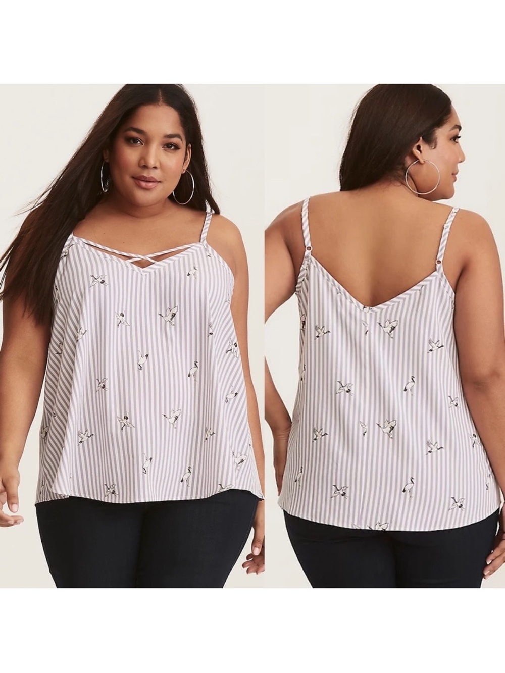 NWT Torrid Gray & White Striped Crane Print Crisscross Cami